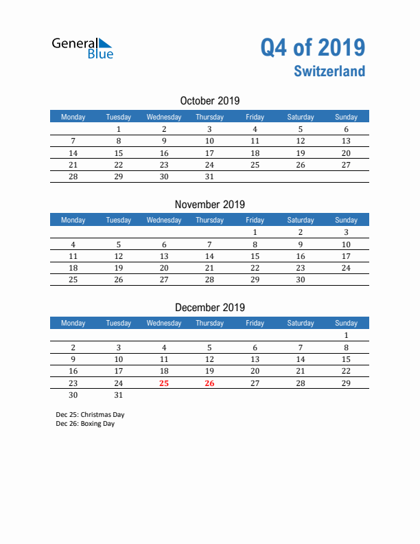 Switzerland Q4 2019 Quarterly Calendar with Monday Start