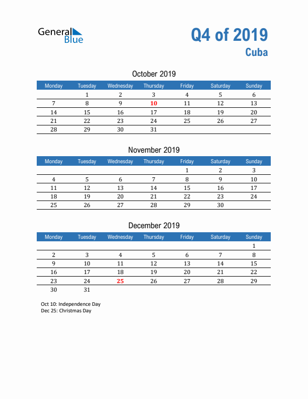 Cuba Q4 2019 Quarterly Calendar with Monday Start