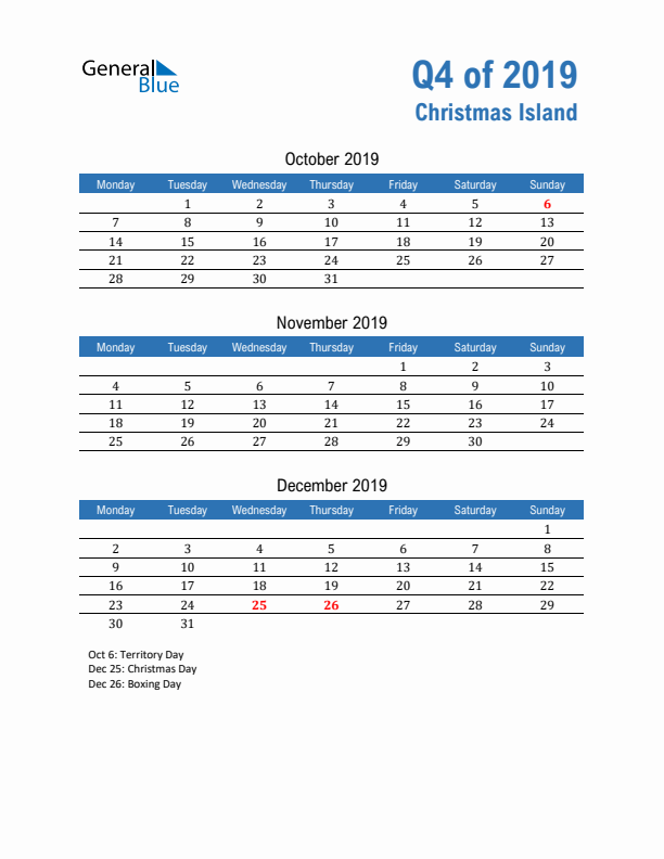 Christmas Island Q4 2019 Quarterly Calendar with Monday Start