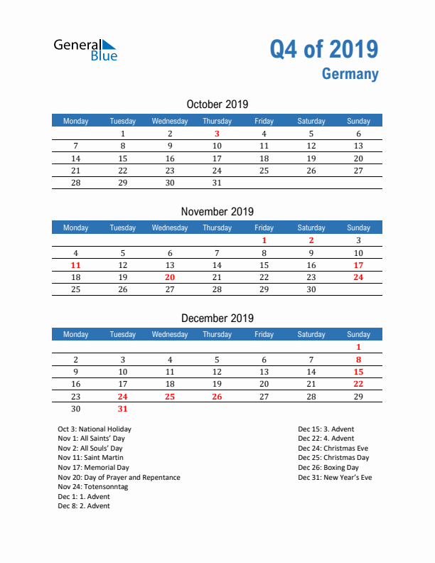 Germany Q4 2019 Quarterly Calendar with Monday Start