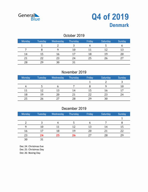 Denmark Q4 2019 Quarterly Calendar with Monday Start