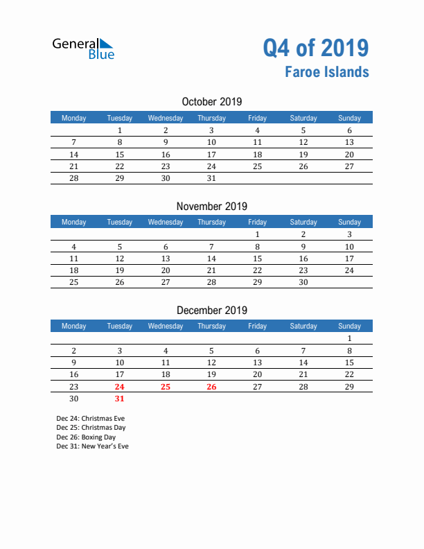 Faroe Islands Q4 2019 Quarterly Calendar with Monday Start