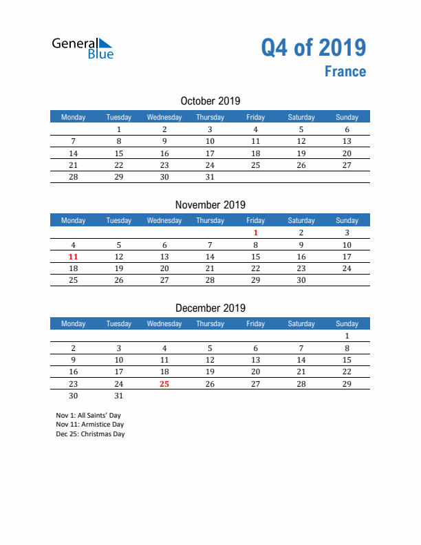 France Q4 2019 Quarterly Calendar with Monday Start