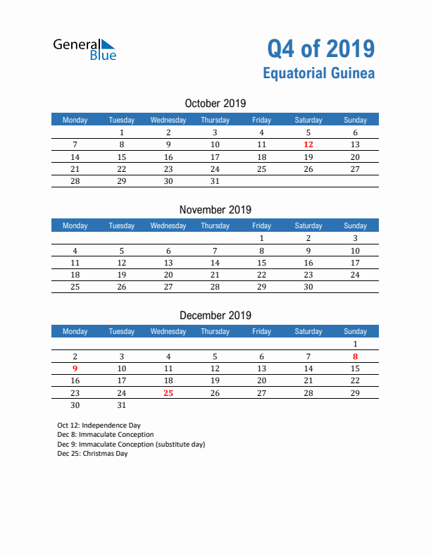 Equatorial Guinea Q4 2019 Quarterly Calendar with Monday Start