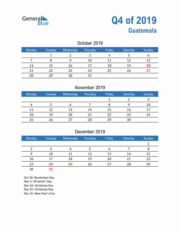 Guatemala Q4 2019 Quarterly Calendar with Monday Start