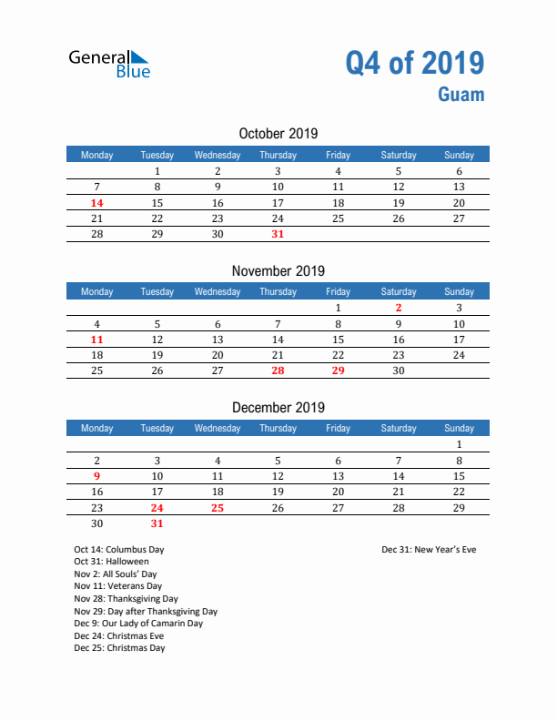 Guam Q4 2019 Quarterly Calendar with Monday Start