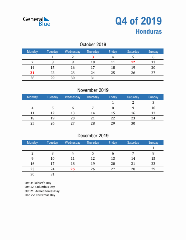 Honduras Q4 2019 Quarterly Calendar with Monday Start