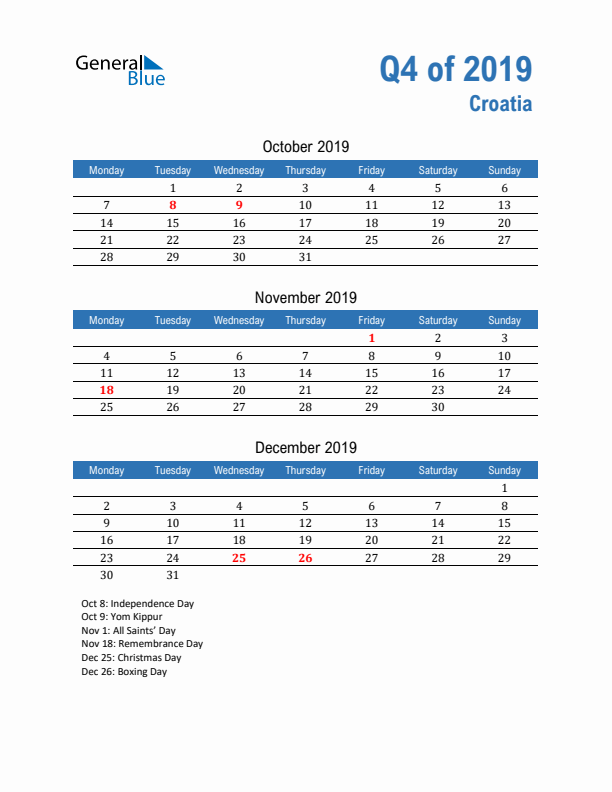 Croatia Q4 2019 Quarterly Calendar with Monday Start