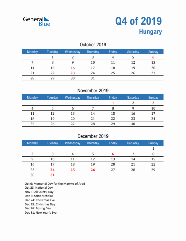 Hungary Q4 2019 Quarterly Calendar with Monday Start