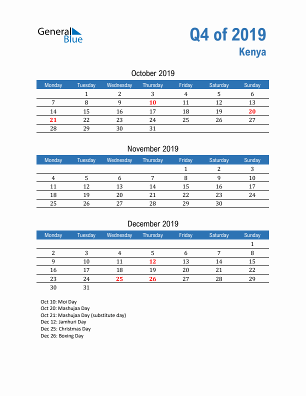 Kenya Q4 2019 Quarterly Calendar with Monday Start