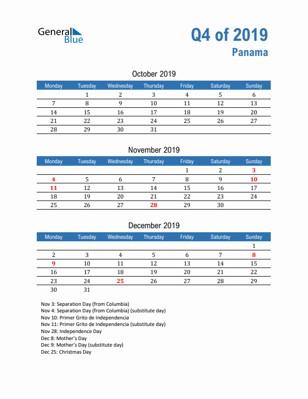 Panama Q4 2019 Quarterly Calendar with Monday Start