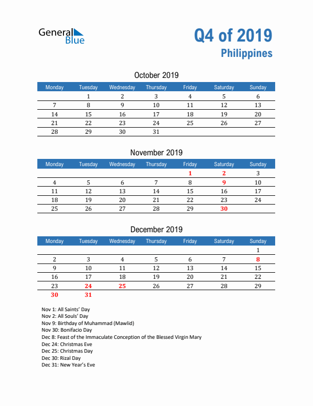 Philippines Q4 2019 Quarterly Calendar with Monday Start