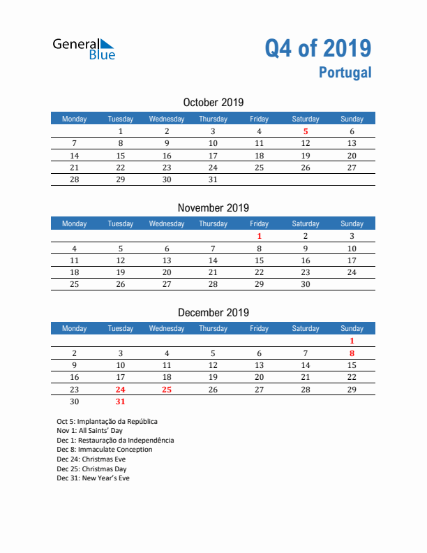 Portugal Q4 2019 Quarterly Calendar with Monday Start