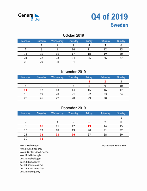 Sweden Q4 2019 Quarterly Calendar with Monday Start