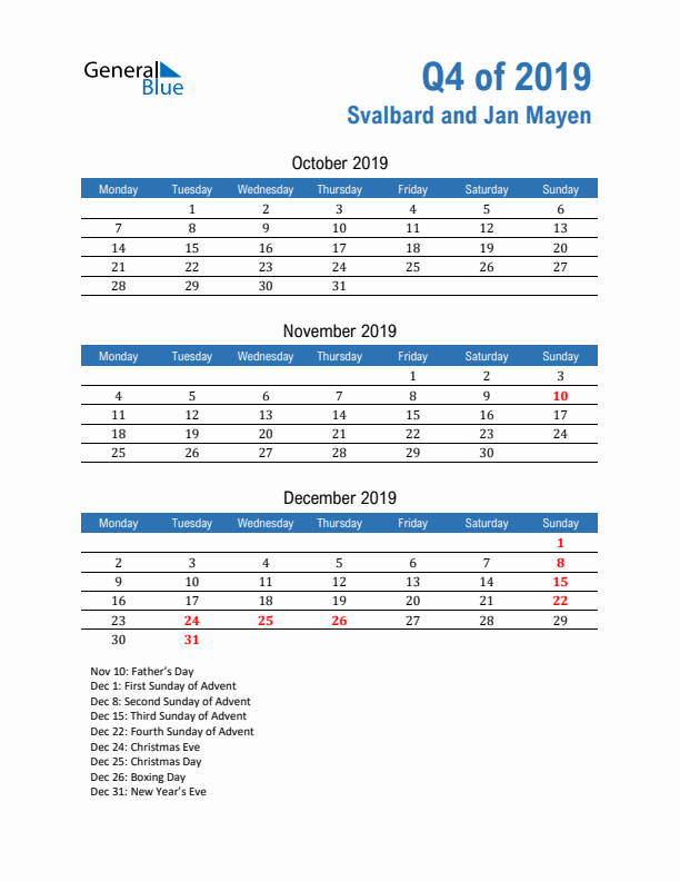 Svalbard and Jan Mayen Q4 2019 Quarterly Calendar with Monday Start