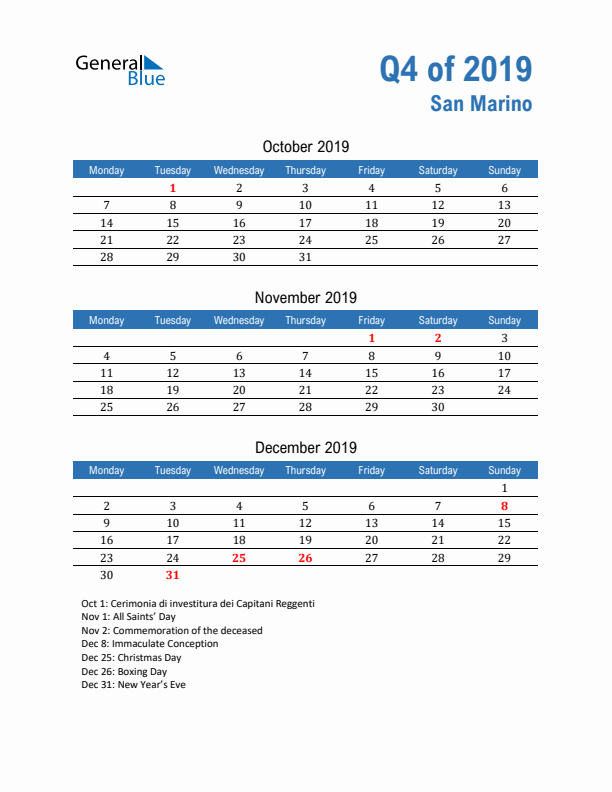 San Marino Q4 2019 Quarterly Calendar with Monday Start