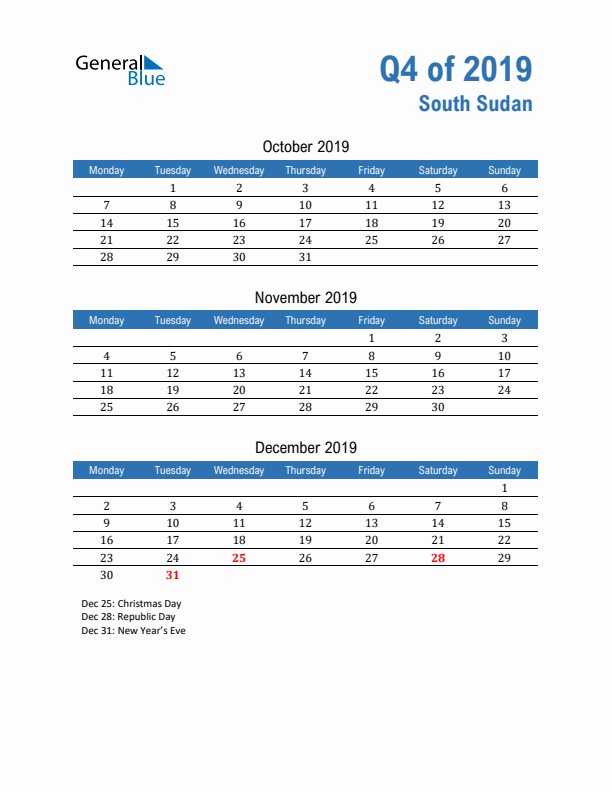 South Sudan Q4 2019 Quarterly Calendar with Monday Start