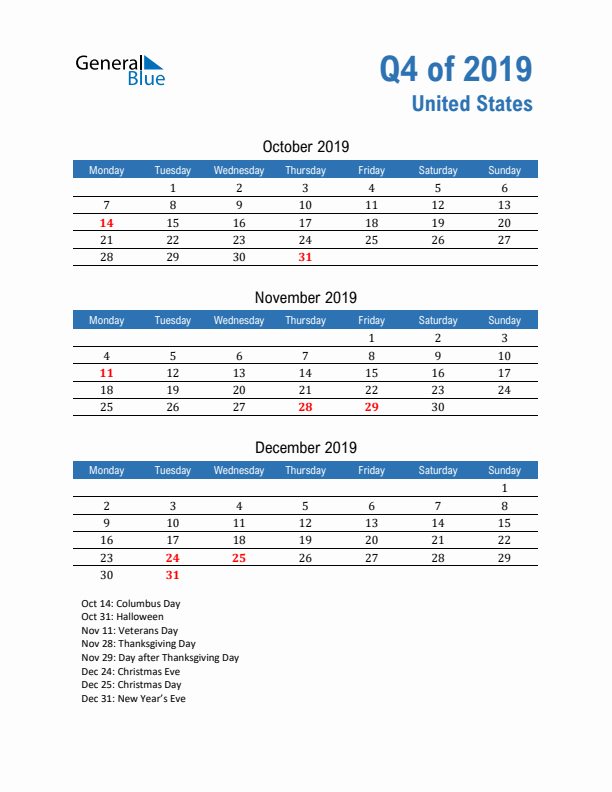 United States Q4 2019 Quarterly Calendar with Monday Start