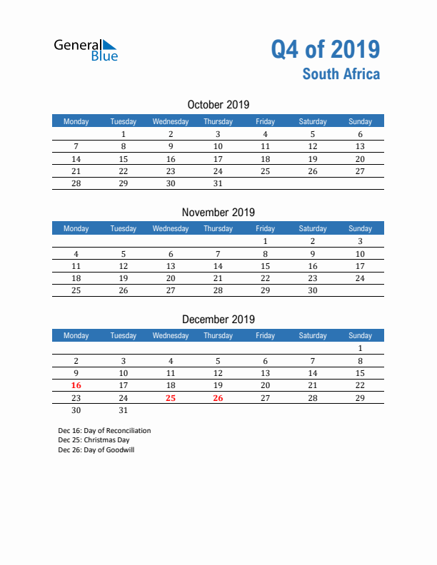 South Africa Q4 2019 Quarterly Calendar with Monday Start