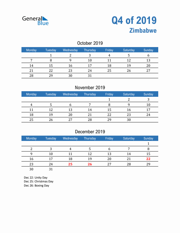 Zimbabwe Q4 2019 Quarterly Calendar with Monday Start