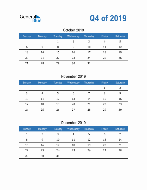 Fillable Quarterly Calendar for Q4 2019