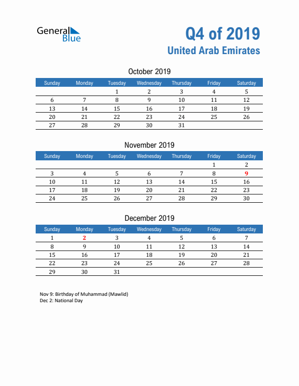 United Arab Emirates Q4 2019 Quarterly Calendar with Sunday Start