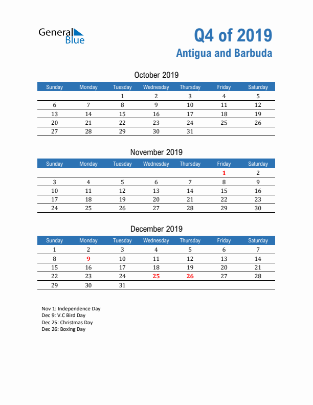 Antigua and Barbuda Q4 2019 Quarterly Calendar with Sunday Start