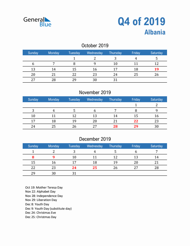 Albania Q4 2019 Quarterly Calendar with Sunday Start