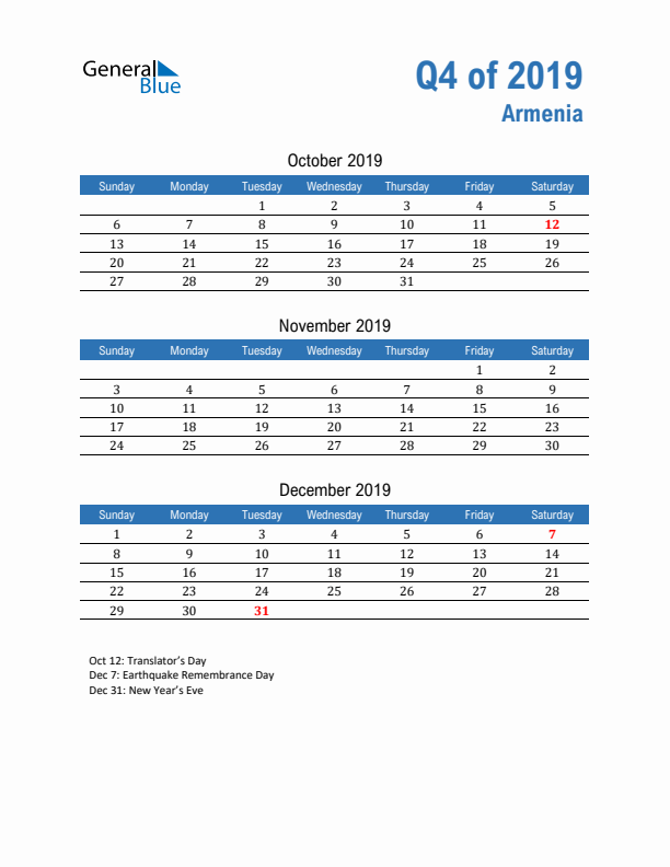 Armenia Q4 2019 Quarterly Calendar with Sunday Start