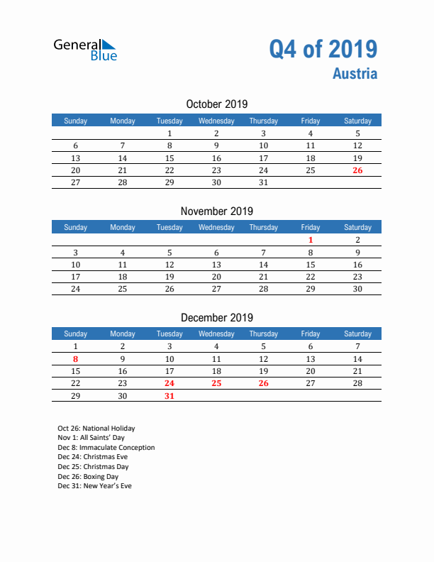 Austria Q4 2019 Quarterly Calendar with Sunday Start