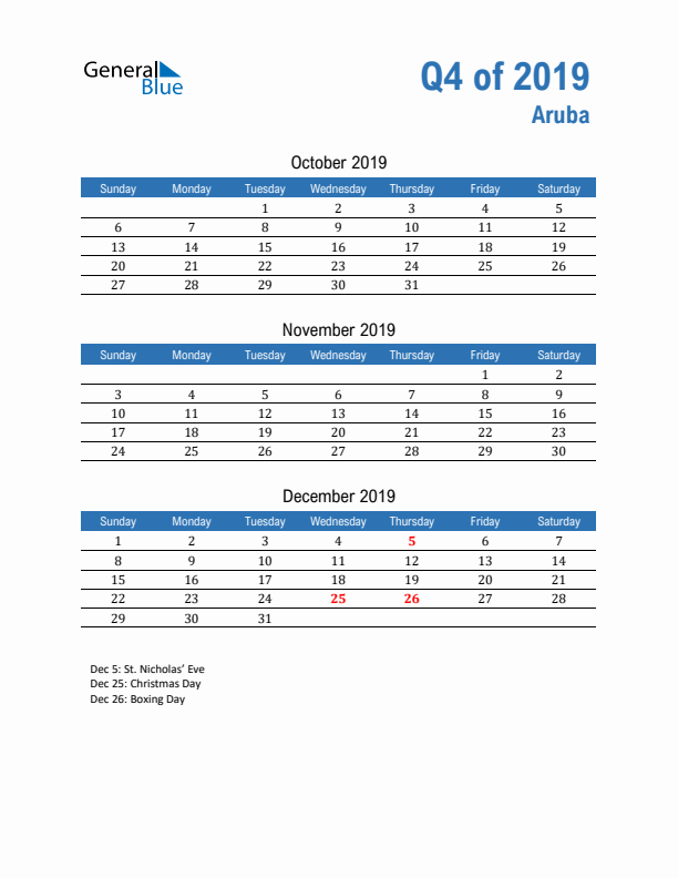 Aruba Q4 2019 Quarterly Calendar with Sunday Start