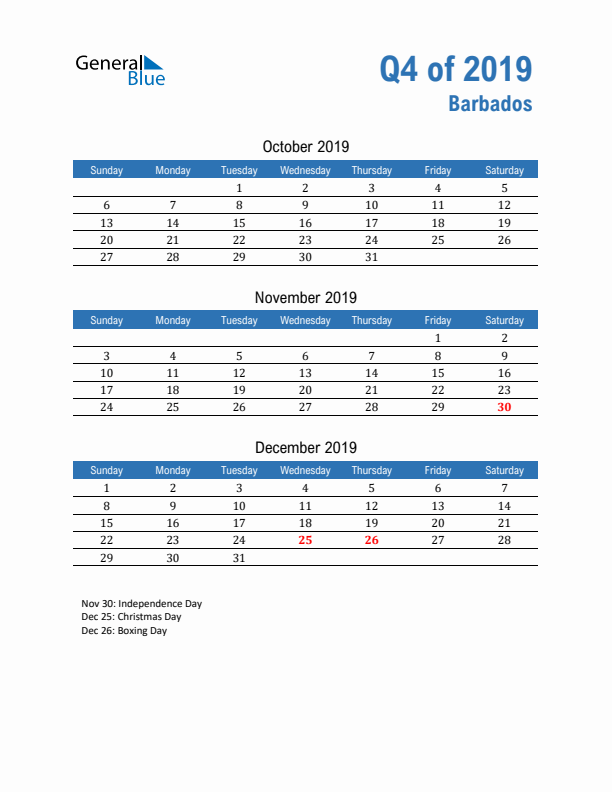 Barbados Q4 2019 Quarterly Calendar with Sunday Start