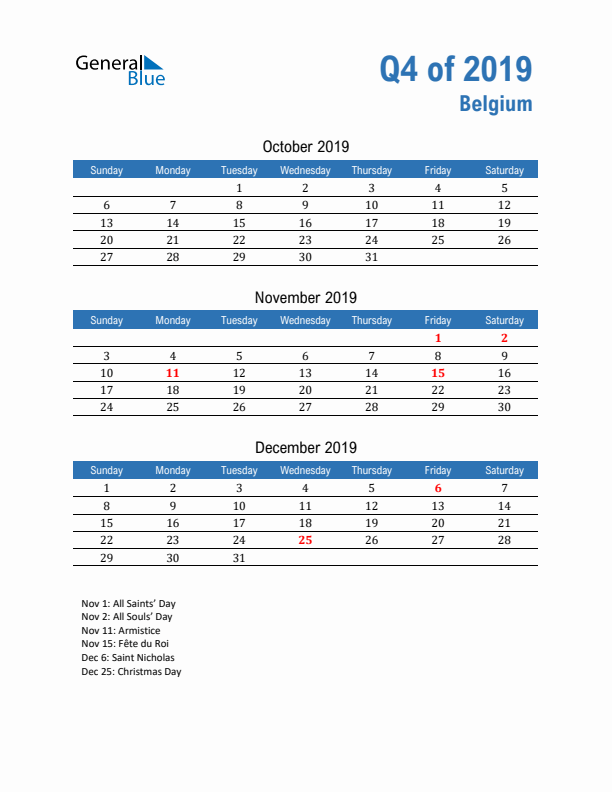 Belgium Q4 2019 Quarterly Calendar with Sunday Start