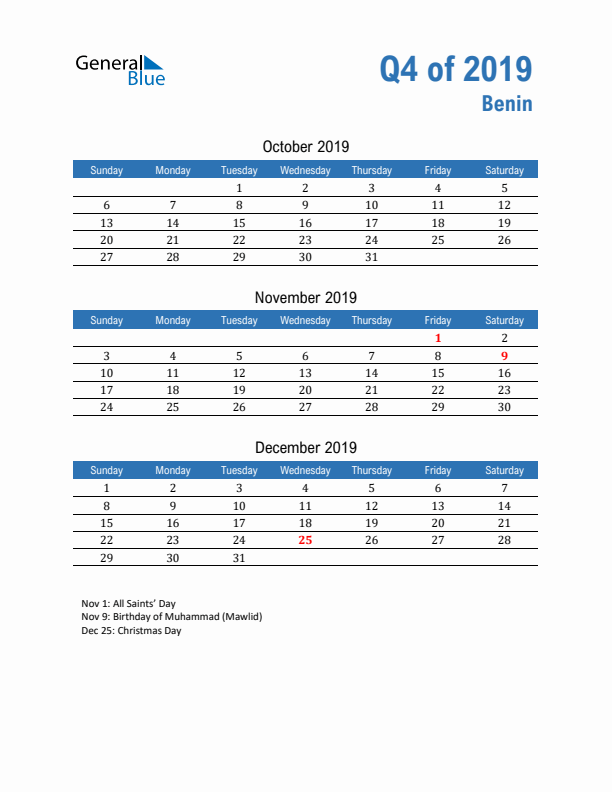 Benin Q4 2019 Quarterly Calendar with Sunday Start