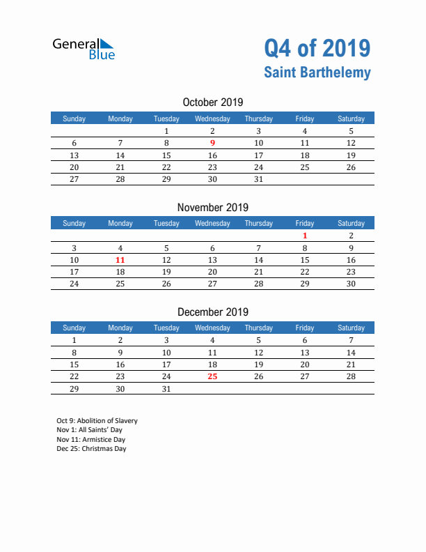 Saint Barthelemy Q4 2019 Quarterly Calendar with Sunday Start