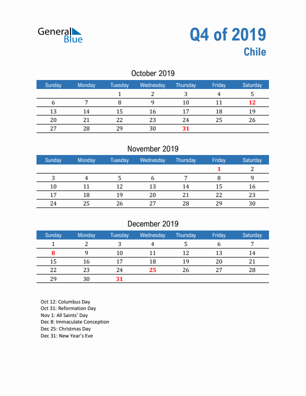 Chile Q4 2019 Quarterly Calendar with Sunday Start