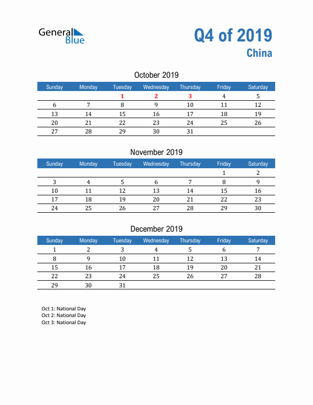 China Q4 2019 Quarterly Calendar with Sunday Start