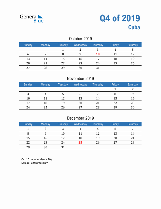 Cuba Q4 2019 Quarterly Calendar with Sunday Start