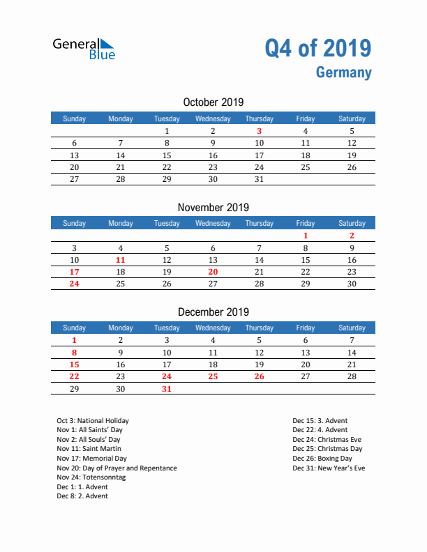 Germany Q4 2019 Quarterly Calendar with Sunday Start