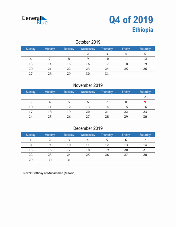 Ethiopia Q4 2019 Quarterly Calendar with Sunday Start