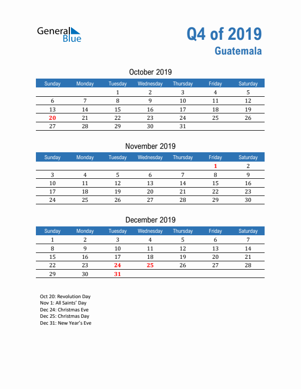 Guatemala Q4 2019 Quarterly Calendar with Sunday Start