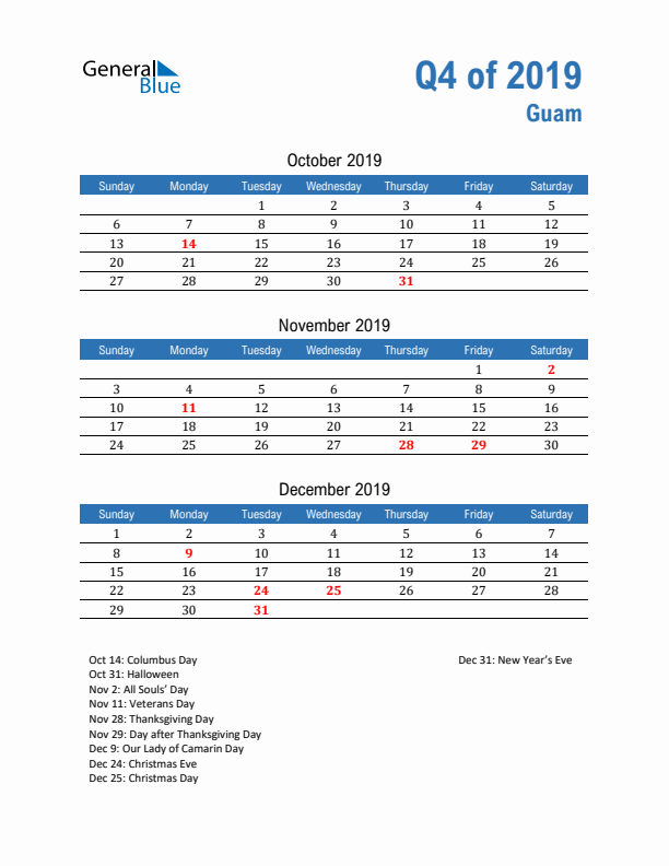 Guam Q4 2019 Quarterly Calendar with Sunday Start