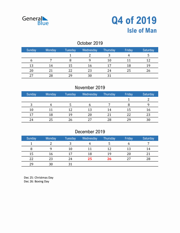 Isle of Man Q4 2019 Quarterly Calendar with Sunday Start