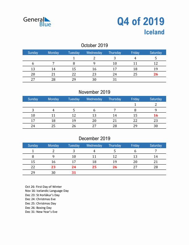 Iceland Q4 2019 Quarterly Calendar with Sunday Start