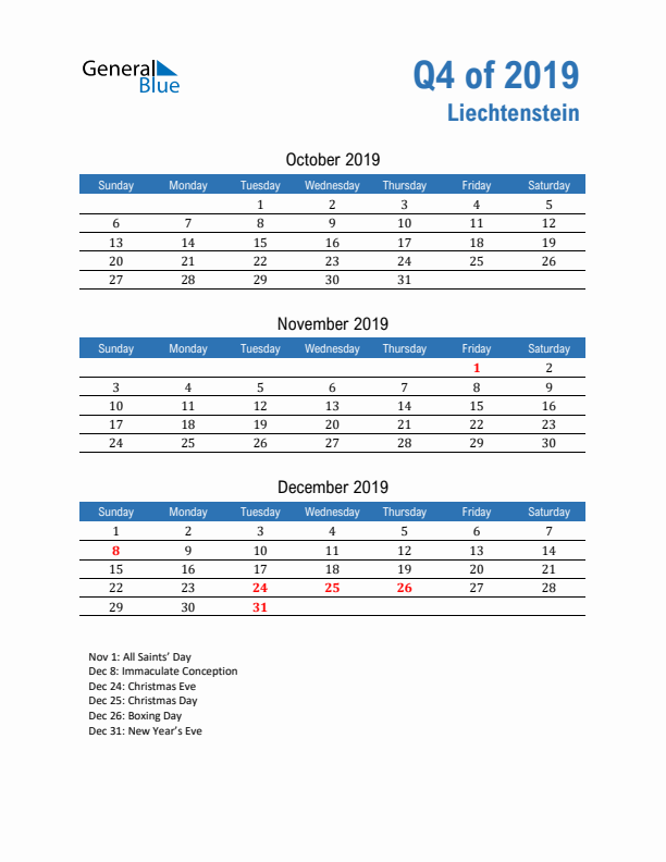 Liechtenstein Q4 2019 Quarterly Calendar with Sunday Start