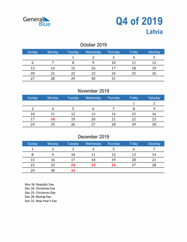 Latvia Q4 2019 Quarterly Calendar with Sunday Start