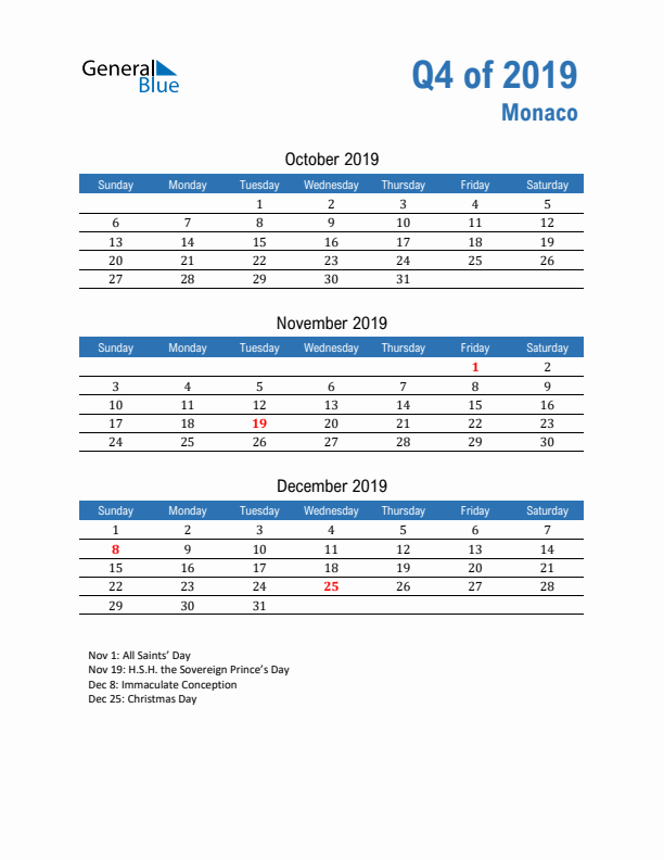 Monaco Q4 2019 Quarterly Calendar with Sunday Start