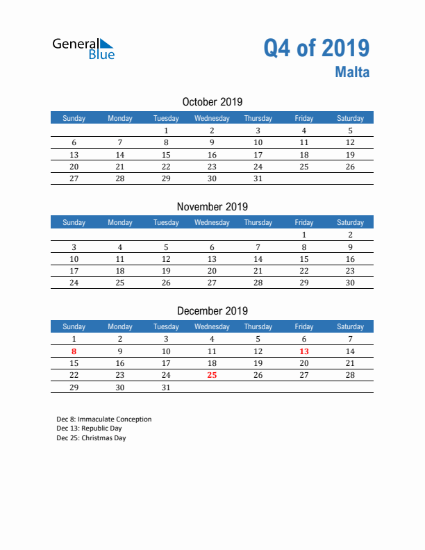 Malta Q4 2019 Quarterly Calendar with Sunday Start