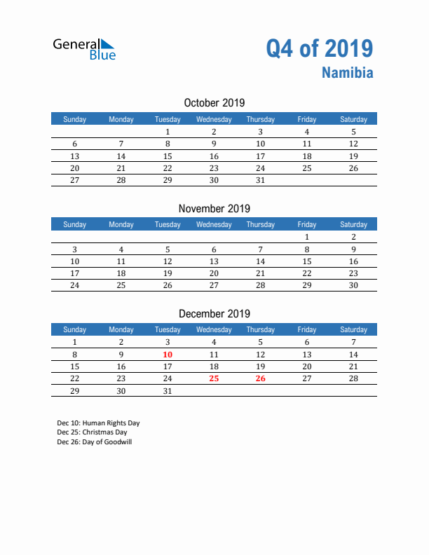 Namibia Q4 2019 Quarterly Calendar with Sunday Start