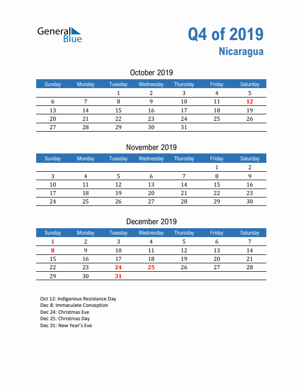 Nicaragua Q4 2019 Quarterly Calendar with Sunday Start